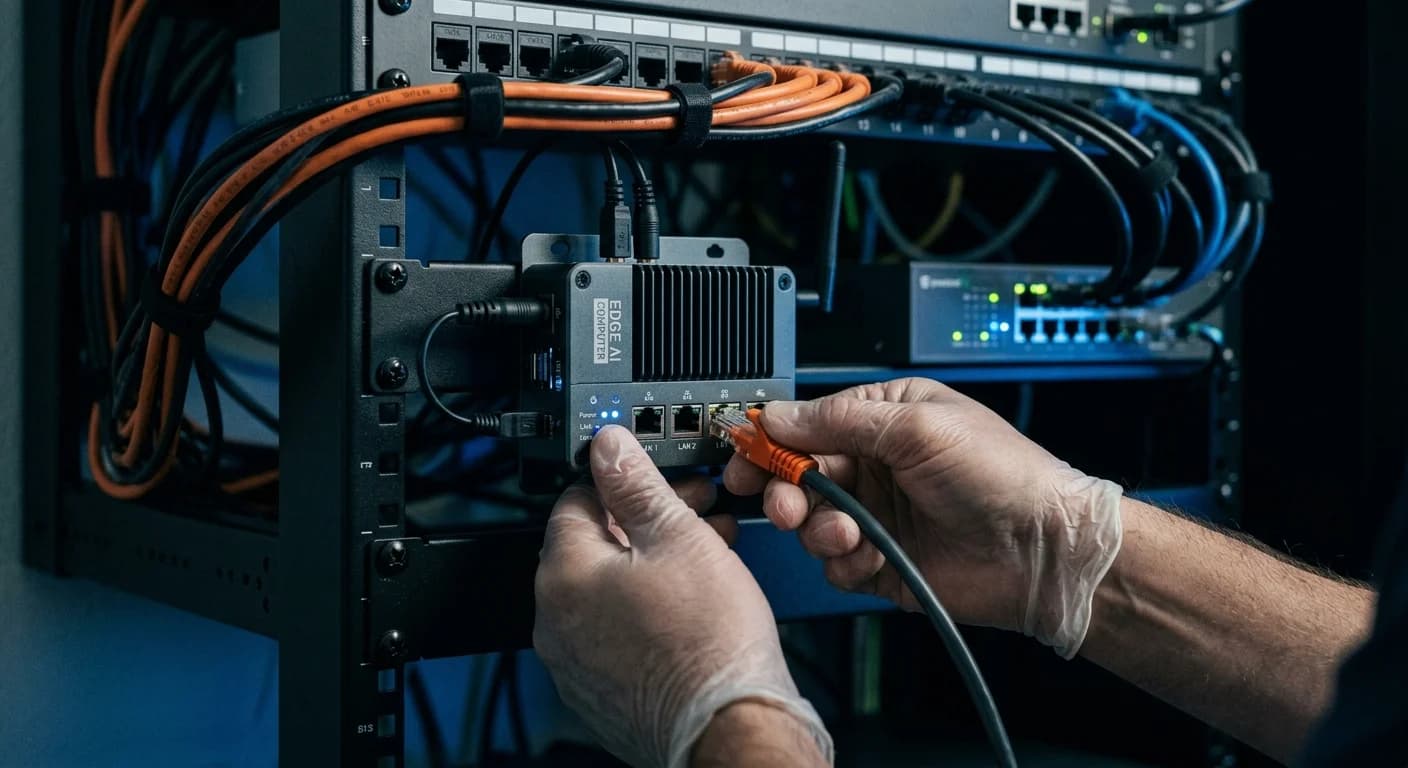 IT specialist connecting network cables in server rack during installation